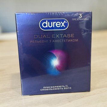 Презервативи Durex Dual Extase латексні з ребрами, крапками та бензокаїном 3 шт 008593 фото